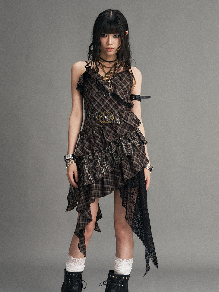 Vintage Patchwork Lace Plaid Dress【s0000017532】