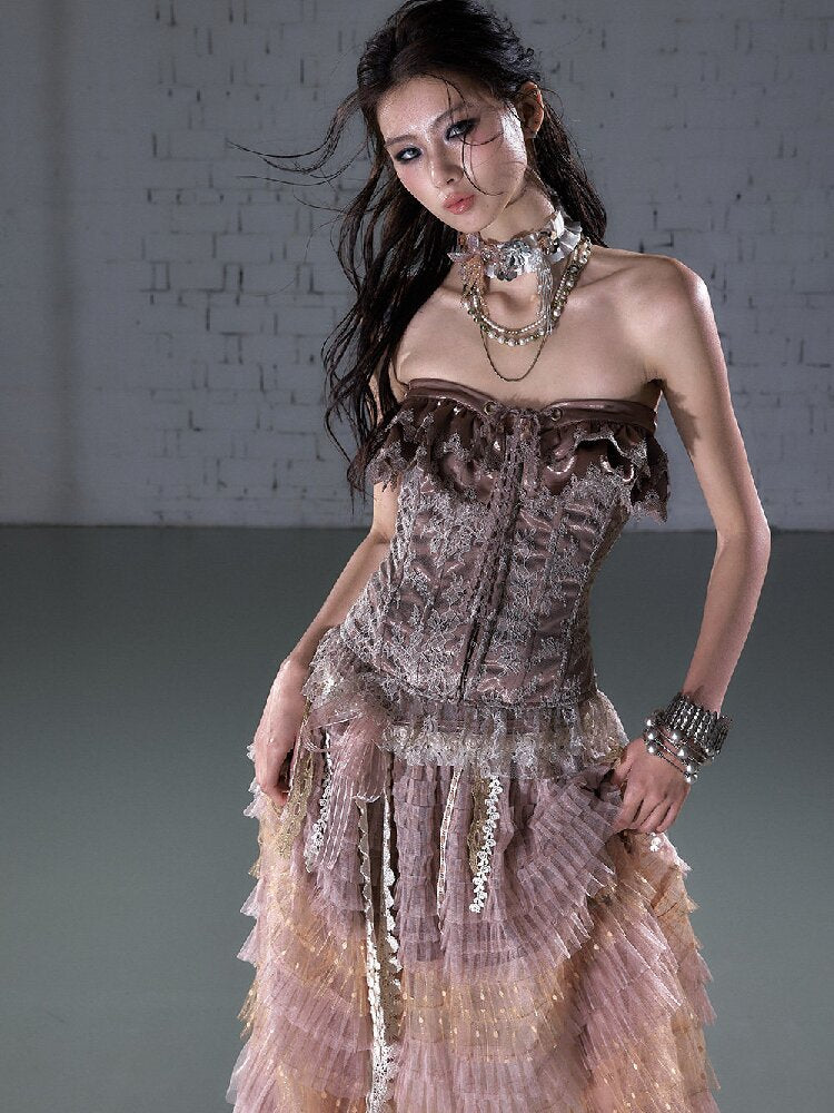 Patchwork Lace Satin Short Corset【s0000016204】