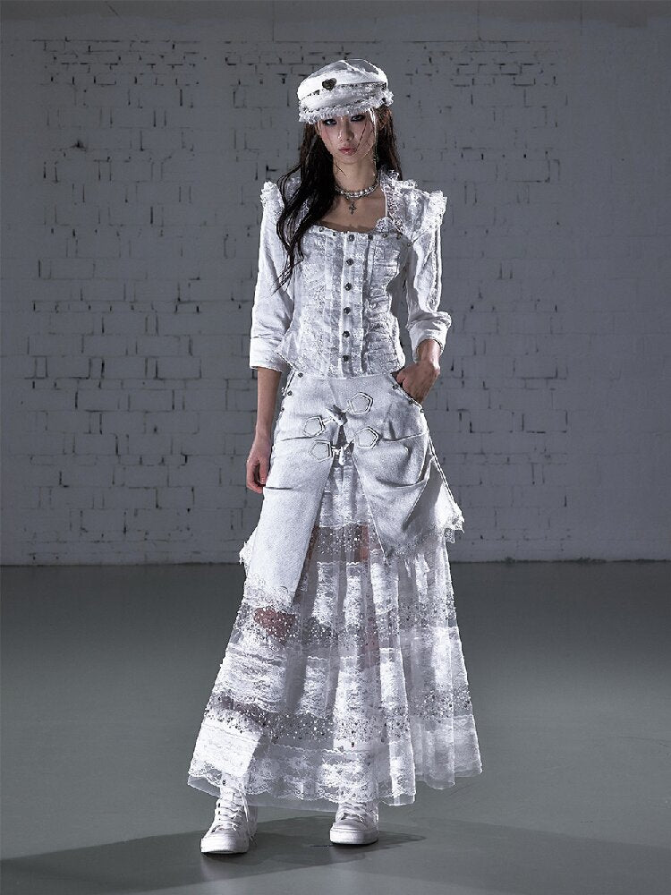 Stitched Lace Denim Maxi Skirt【s0000015940】