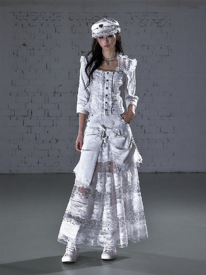 Stitched Lace Denim Maxi Skirt【s0000015940】