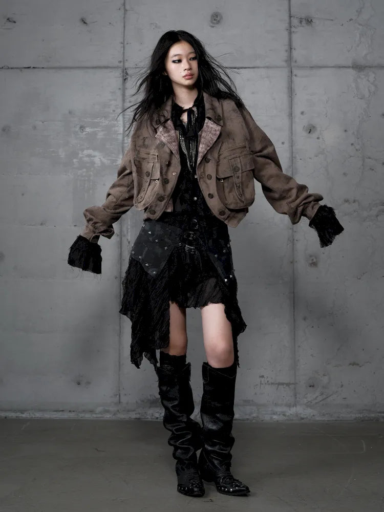 Plaid functional distressed dirty jacket【s0000014114】