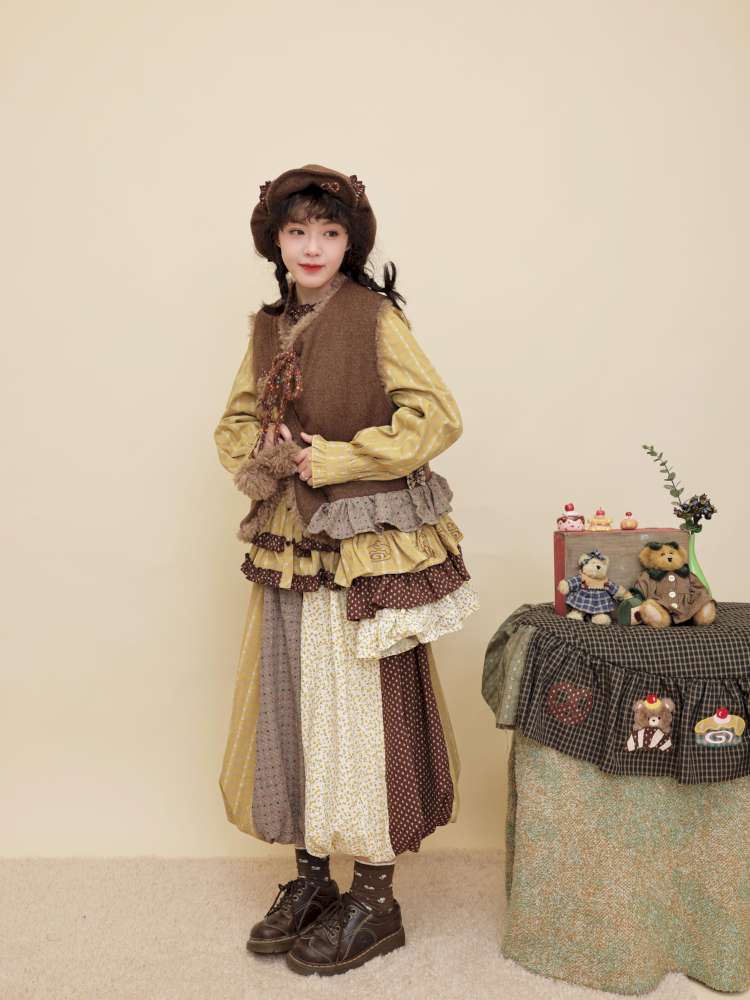 Vintage Girl Wool Plush Chef Bear Vest【s0000014845】
