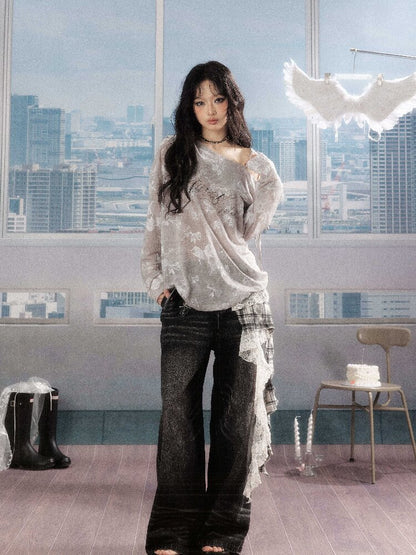 Plaid Ruffled Wide Leg Jeans【s0000016268】