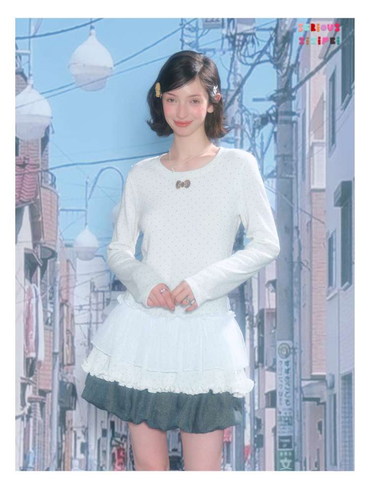 Lace Pleated Polka Dot Top【s0000015429】