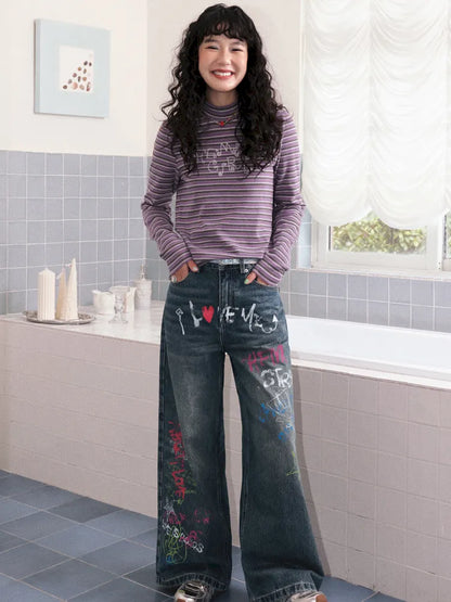 Retro Striped Embroidered Long-Sleeve T-Shirt【s0000013997】