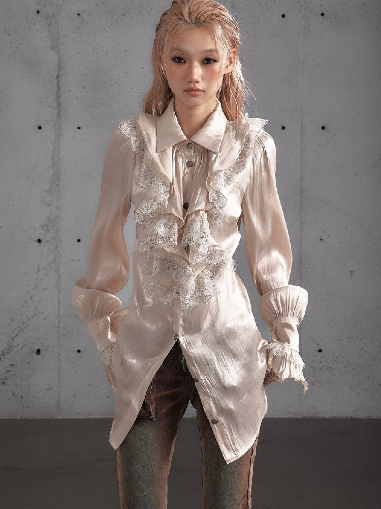 Ruffled Lace Satin Silk Shirt【s0000019157】