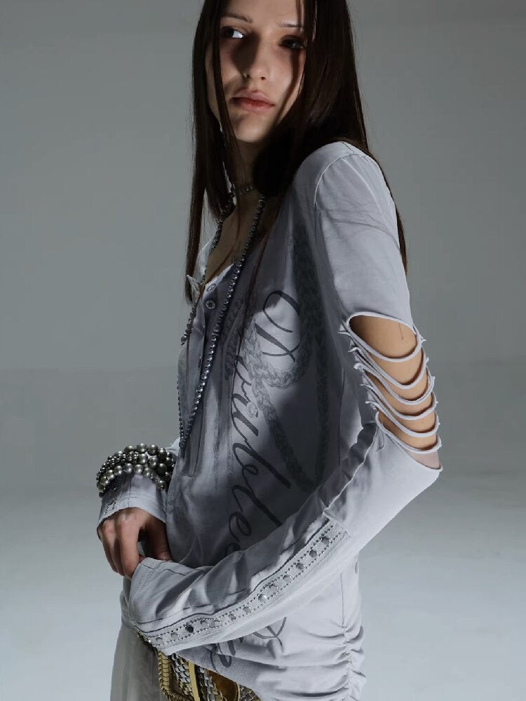 Long Sleeved Ripped Punk Print Tee【s0000015912】