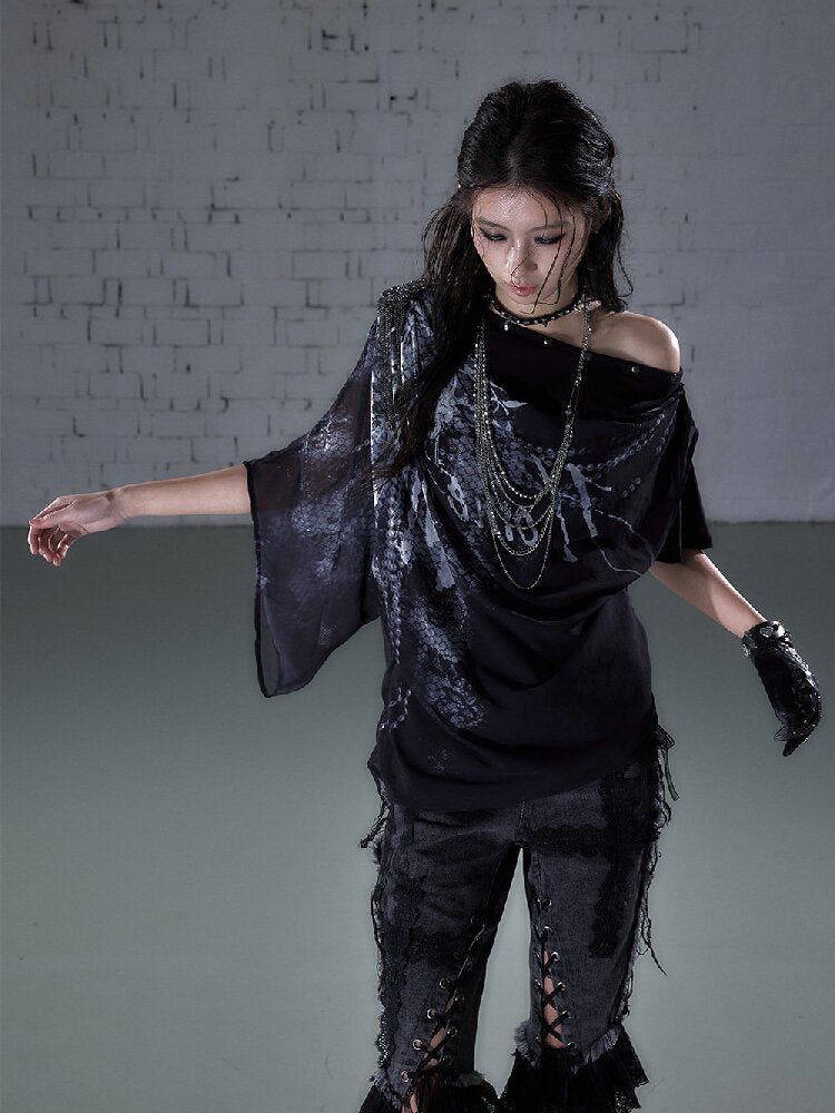 Print Chiffon Swing Collar T-Shirt【s0000016209】