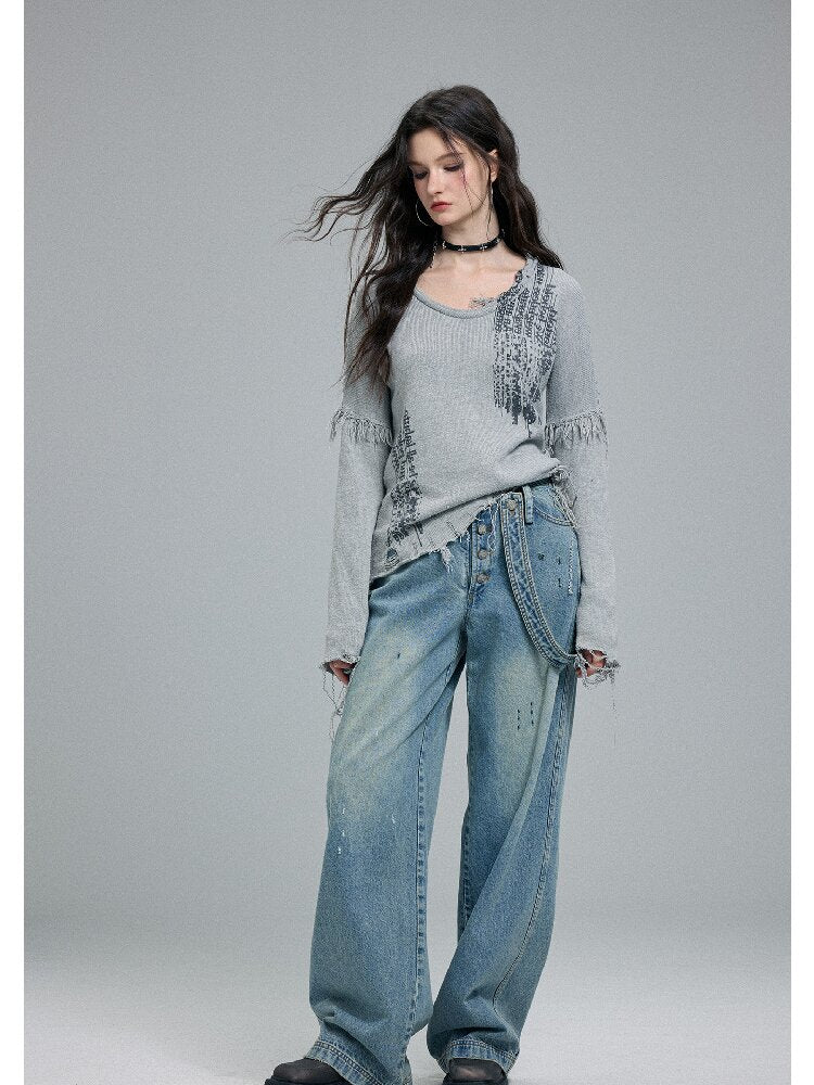 Washed Scratch Wide-Leg Jeans【s0000016255】