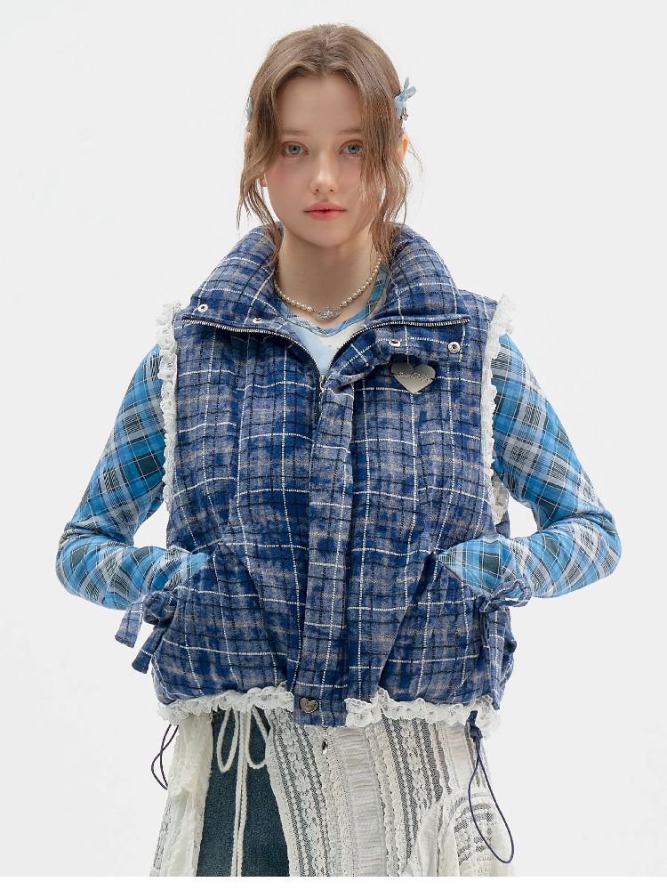 Checkered Splicing Lace Cotton Vest【s0000011504】