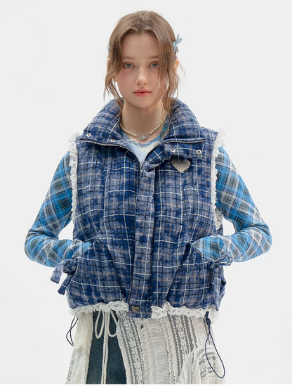 Checkered Splicing Lace Cotton Vest【s0000011504】