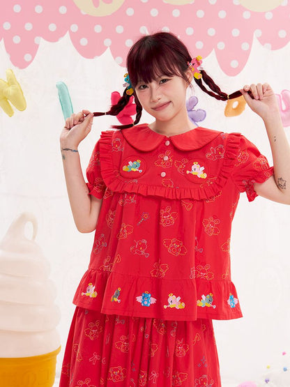 Animal angel heavy embroidery red doll shirt【s0000013184】