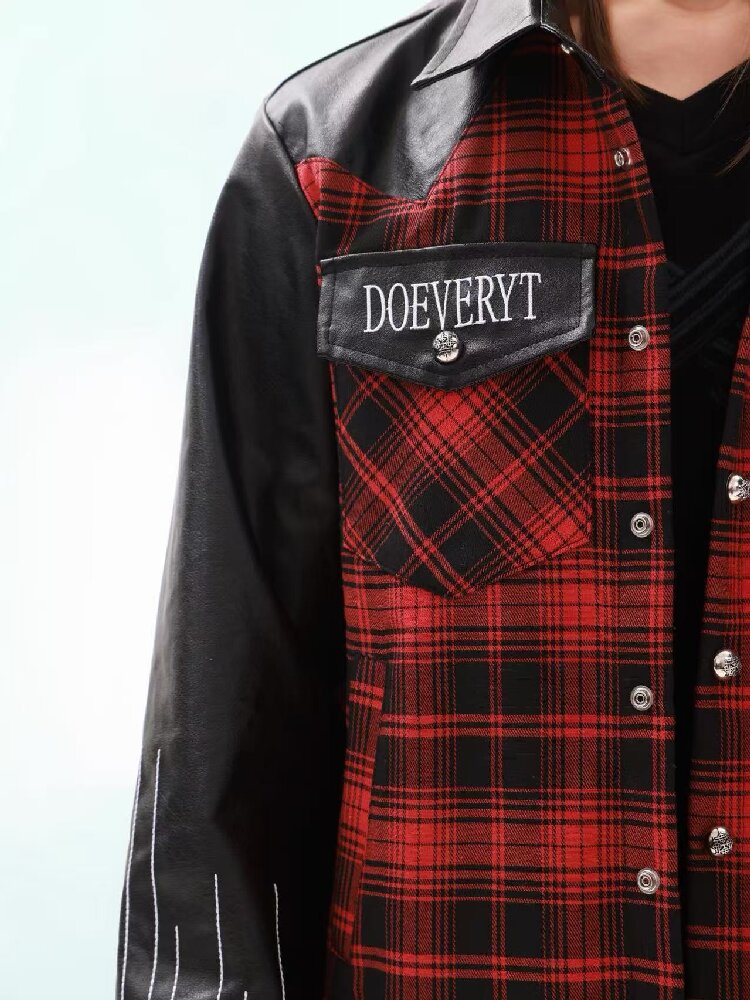 Embroidery Slogan Plaid Leather Jacket【s0000018353】
