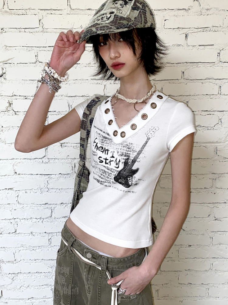 V-Neck Guitar Print Short Sleeve T-Shirt【s0000012424】