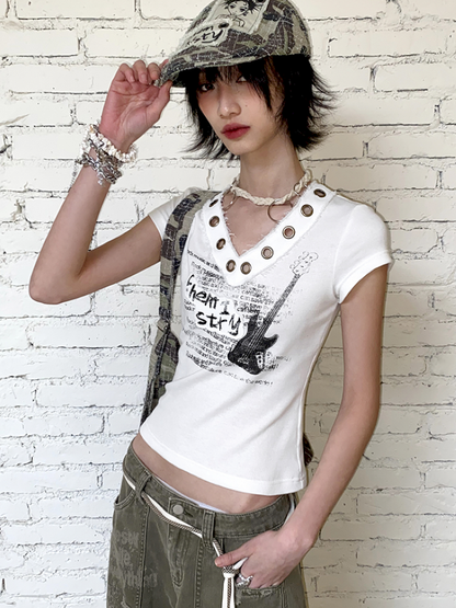 V-Neck Guitar Print Short Sleeve T-Shirt【s0000012424】