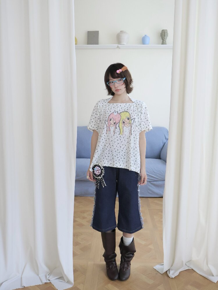 Illustration Square Neck Cotton Top【s0000018681】