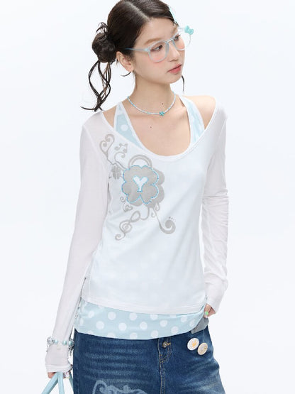 Mint Polka Dot Vest Two Piece Top【s0000016401】