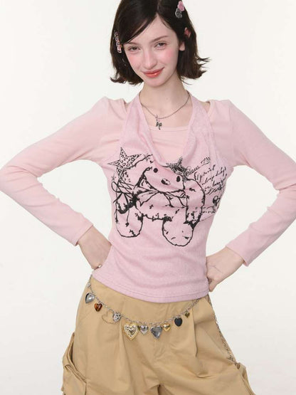 Rabbit Print Slim Halterneck Top【s0000015436】