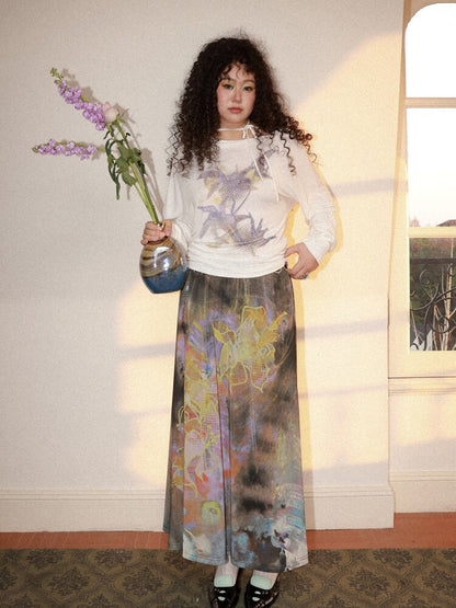 Mist Orchid Print Lace Up Top【s0000015457】