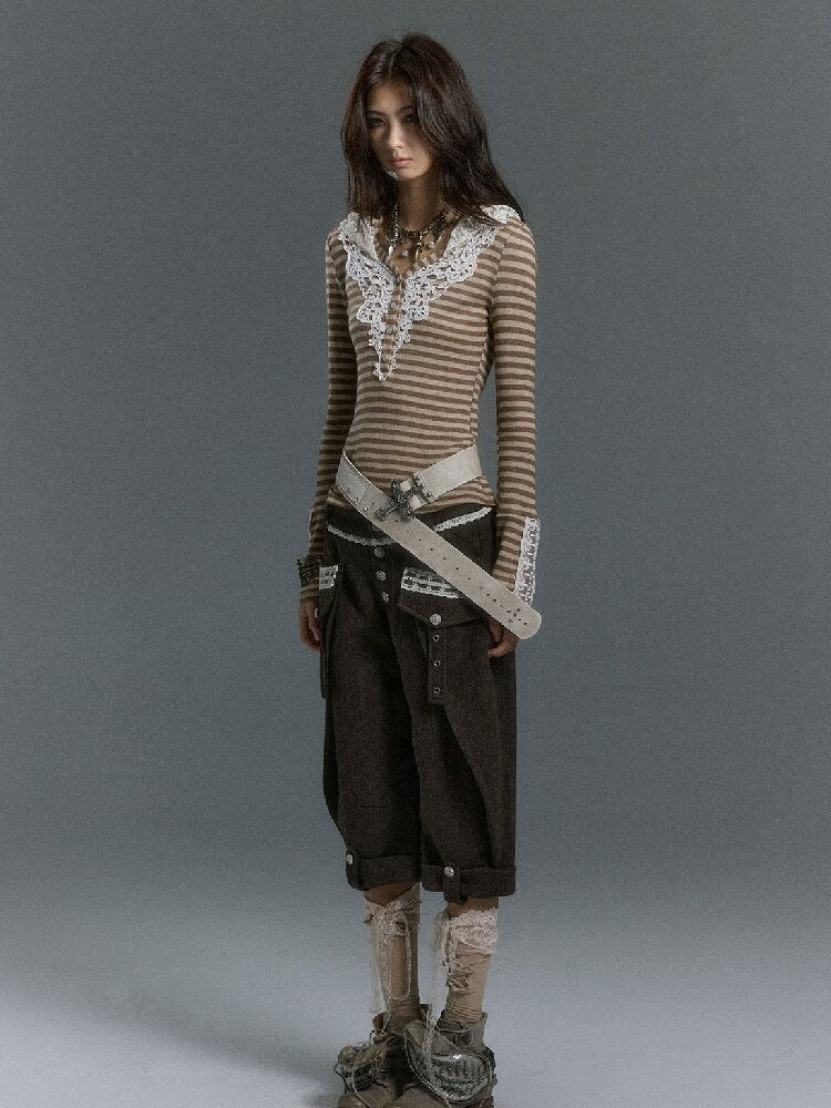 Lace Patchwork Striped Knit Top【s0000019240】