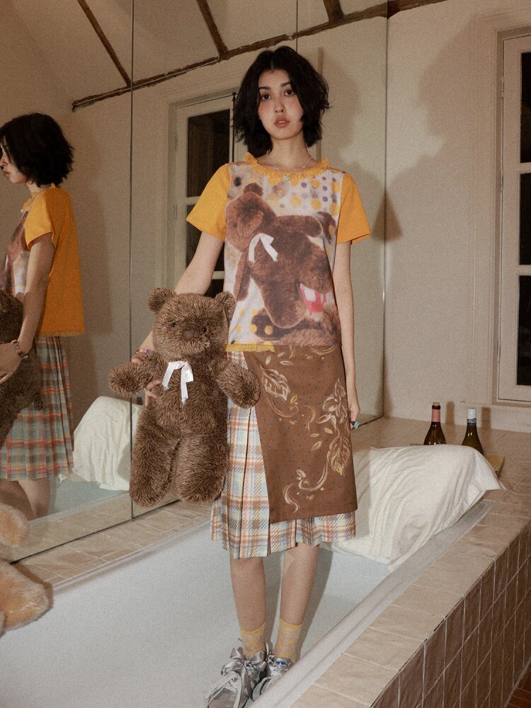 Plaid Flower Pleated Spliced Skirt【s0000015465】