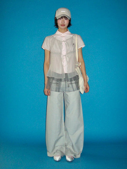 Lace Bottom Hem Slim Short Sleeve Shirt【s0000012487】