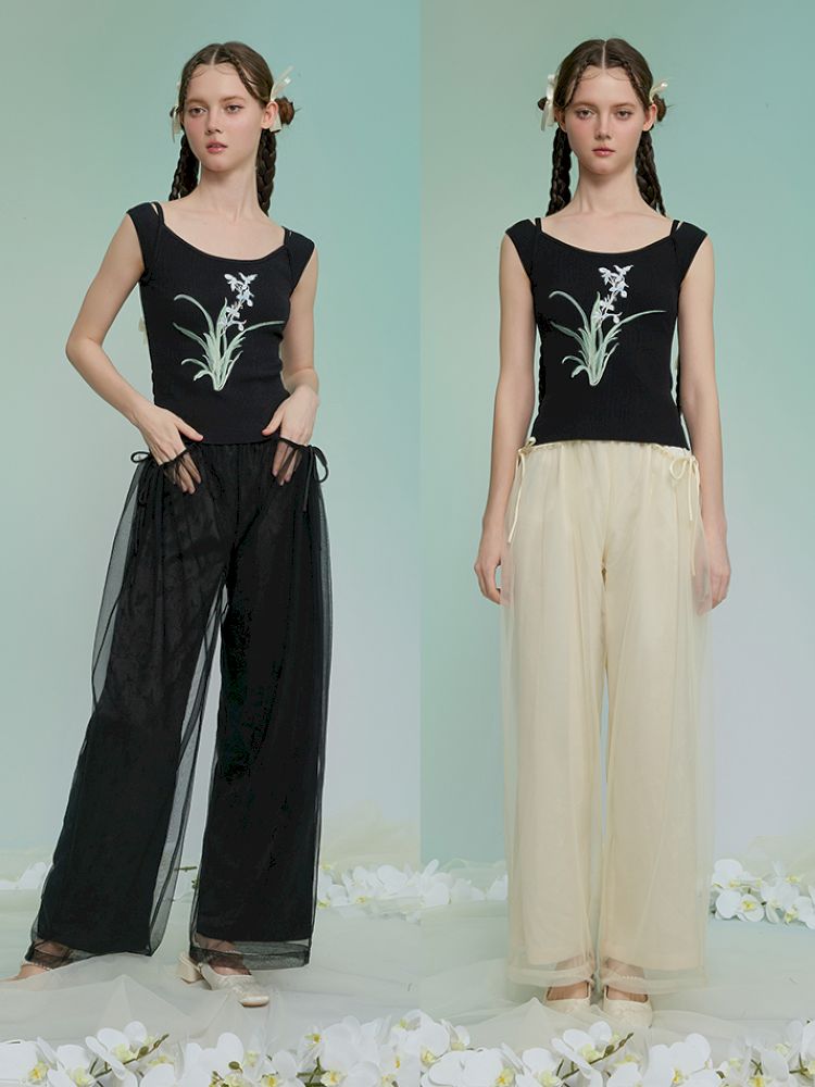 Jacquard mesh double wide-leg pants【s0000013595】