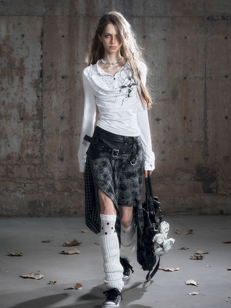 Plaid Tie-Dye Black Swing Neck Long Sleeve Blouse【s0000013887】