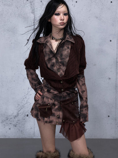 Check Knit Fake Two Piece Shirt【s0000015547】
