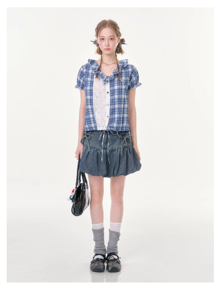 Plaid Splicing Hollow Shirt【s0000016618】