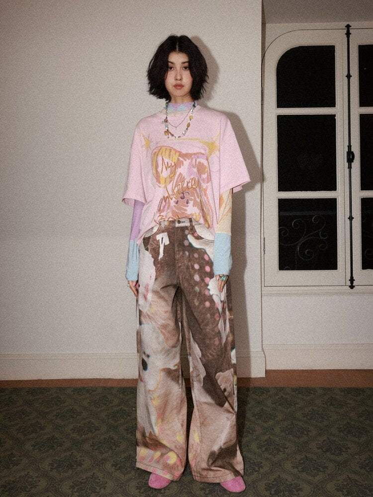 Doll Club Full Print Wide Leg Jeans【s0000015460】