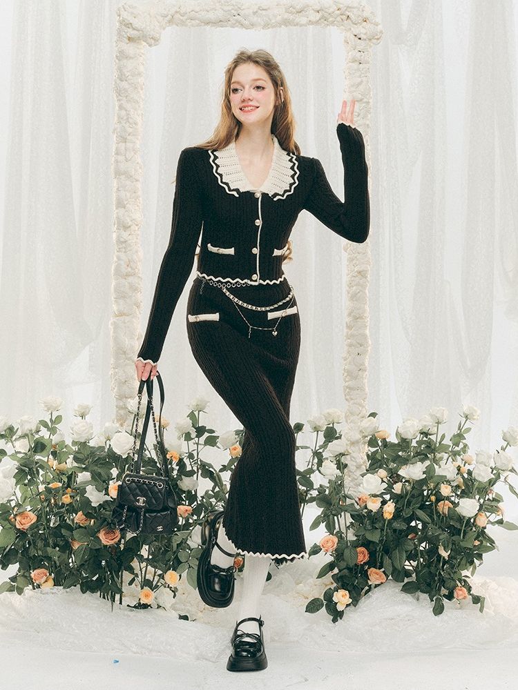 Knit Cardigan Wrap Hip Skirt Two Piece Chambray Set【s0000005286】