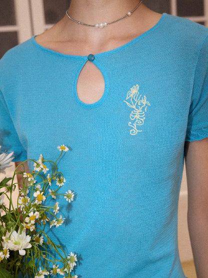 Flower Embroidery Cut Out Knit Tee【s0000016663】