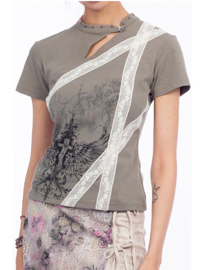 Cross Wing Print Cotton Cheongsam T-Shirt【s0000018064】