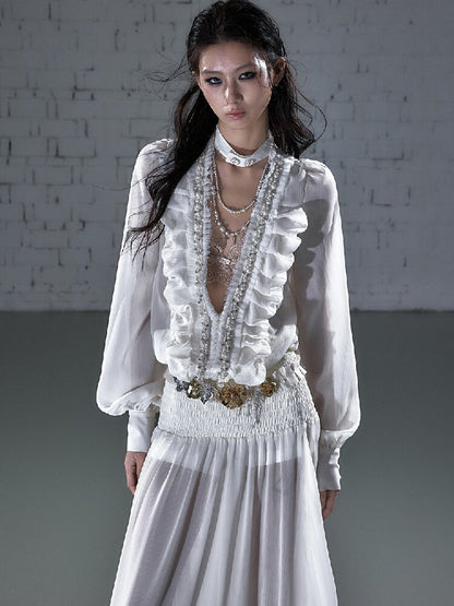 Shirring Deep V Chiffon Dress【s0000015932】