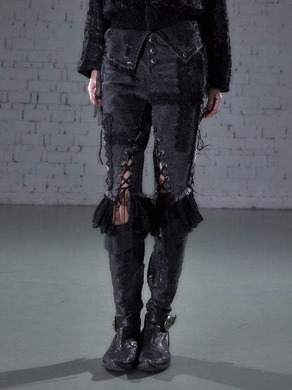 Raw Edge Lace Skinny Denim Pants【s0000016202】