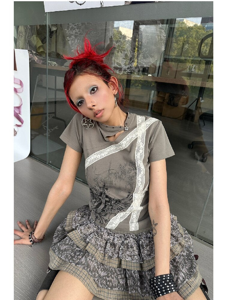 Graffiti Lace Checkered Skirt【s0000018065】