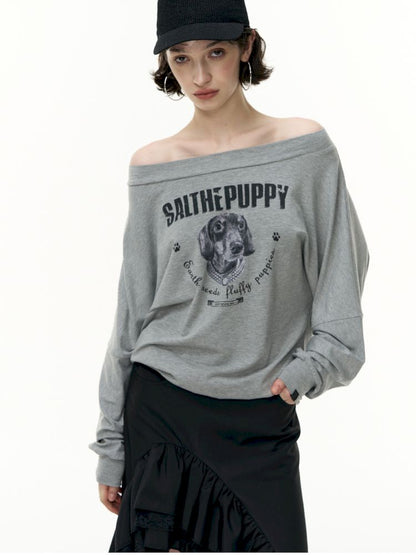 Puppy Printed Slant Shoulder Long Sleeve T-Shirt【s0000013744】