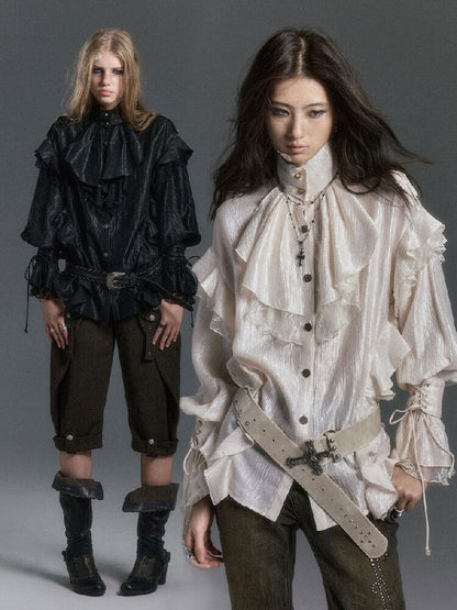 Patchwork Pearlescent Ruffled Stand Collar Shirt【s0000019242】