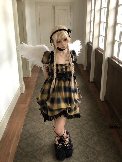 Plaid Puff Sleeve Lantern Dress【s0000016892】