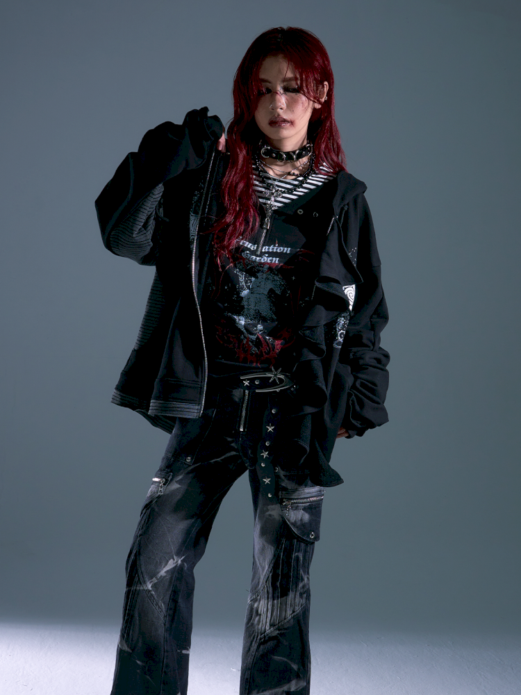 Ruffled Print Hoodie Cardigan【s0000013917】