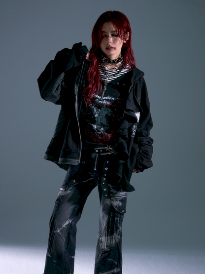 Ruffled Print Hoodie Cardigan【s0000013917】