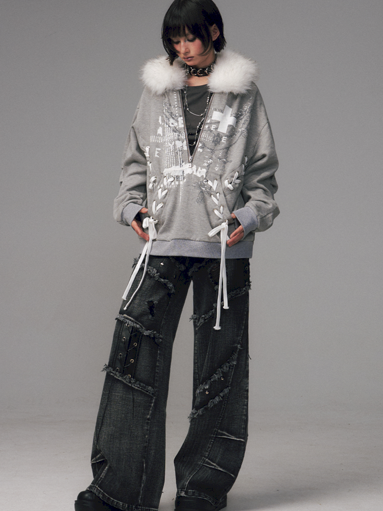 Tie-Front Printed Half-Zip Hoodie【s0000014452】