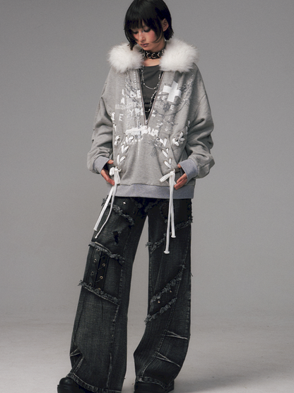 Tie-Front Printed Half-Zip Hoodie【s0000014452】