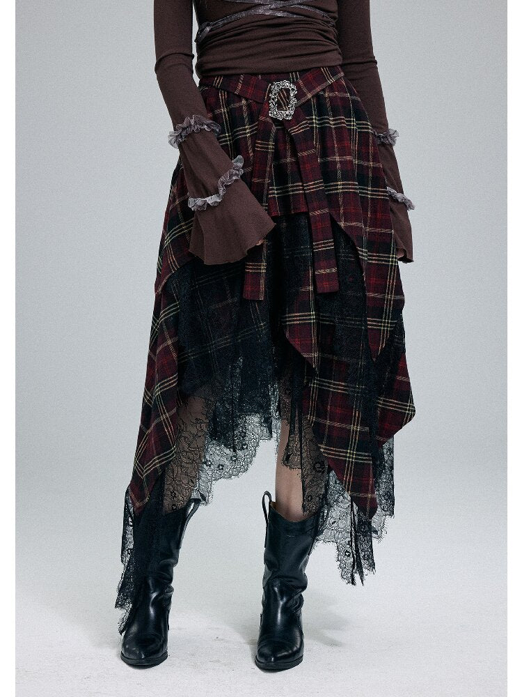 Damaged Plaid Lace Irregular Skirt【s0000016263】