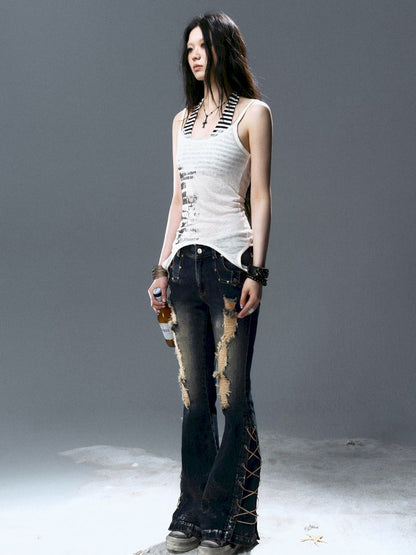 No-wash slim-fit ripped low-rise jeans【s0000012805】