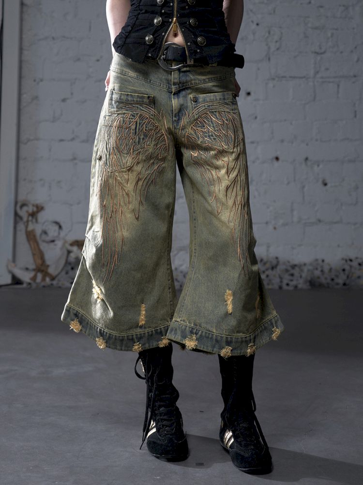 Wide-leg denim cropped pants【s0000012800】