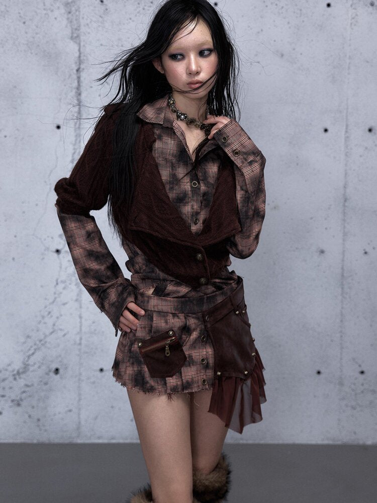 Check Knit Fake Two Piece Shirt【s0000015547】