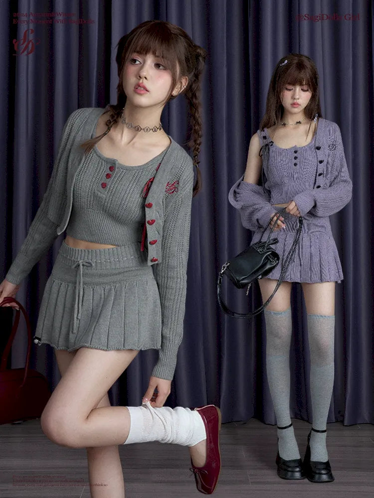 Knitted camisole cardigan skirt set【s0000010119】