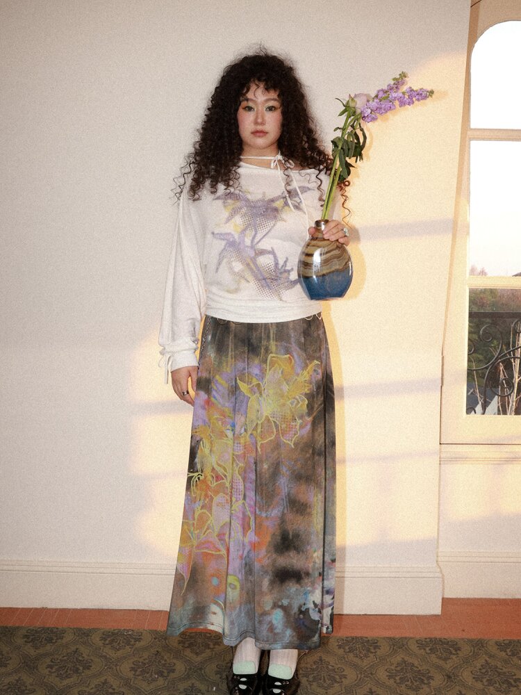 Mist Orchid Print Lace Up Top【s0000015457】